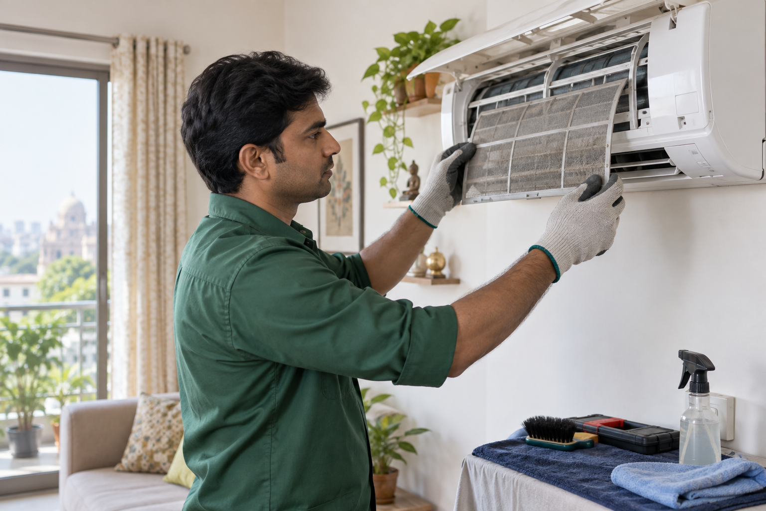 Technician cleaning a split air conditioner