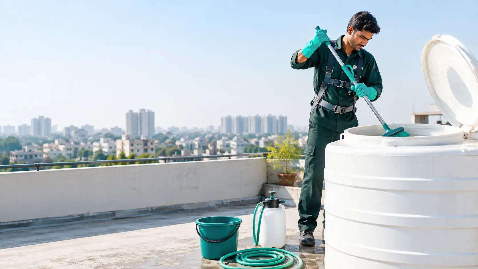 Home-service technician working with professional cleaning equipment