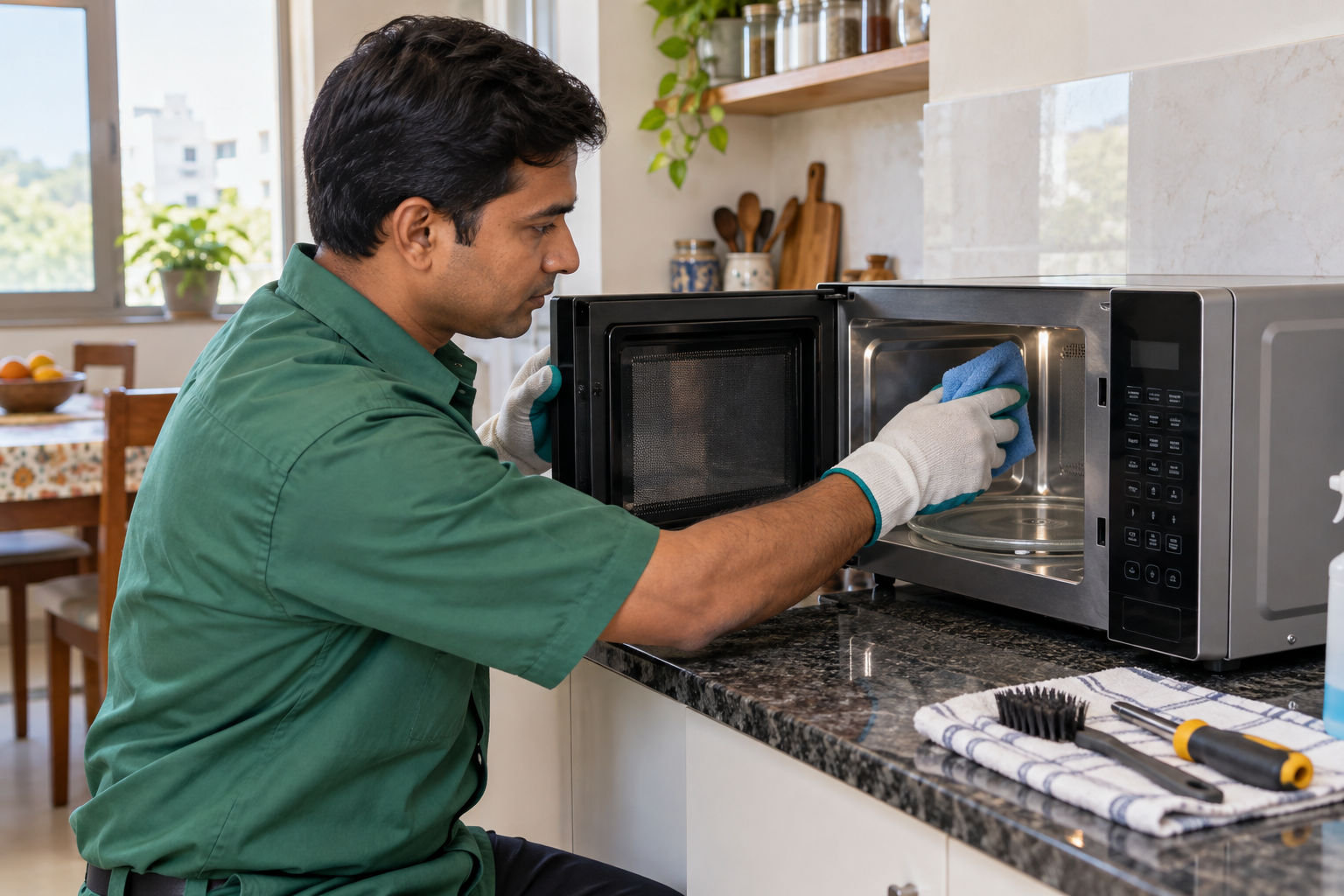 Technician cleaning and inspecting a microwave interior